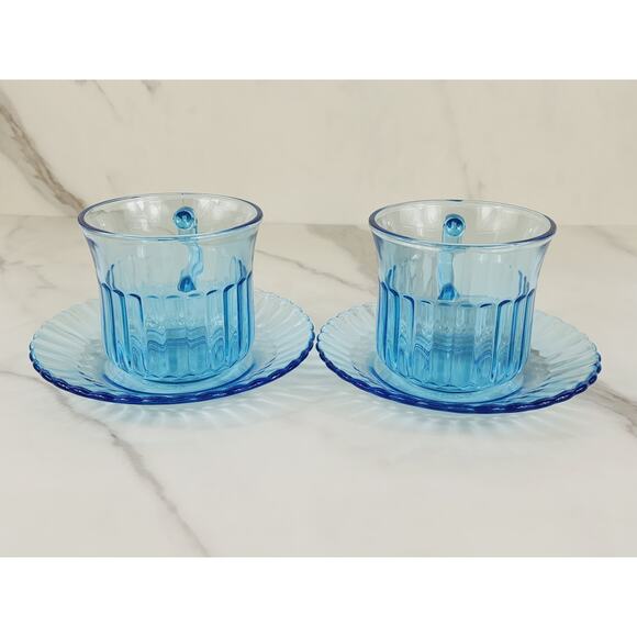 Fortecrisa Azure Ice Blue Glass Tea Cup Saucer 70's Interior Ribbed 3" Mexico x4 - Picture 6 of 13